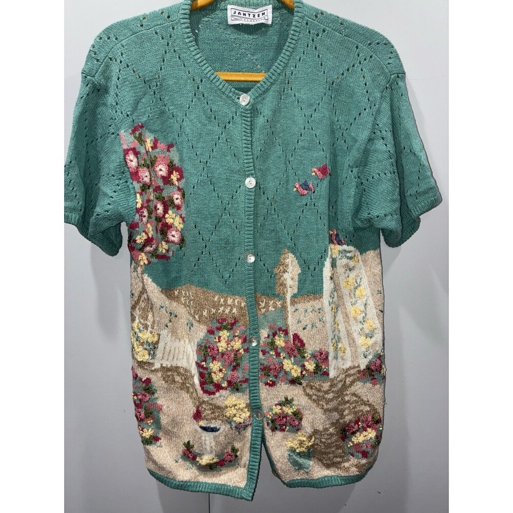 VTG Hand Embroidered Sweater Cardigan Cottagecore Novelty Floral Secret Garden M